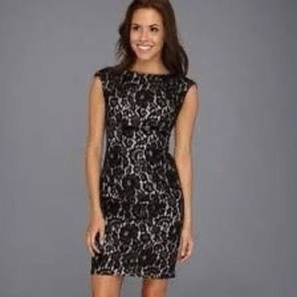 Calvin Klein Size 10 Sleeveless Sheath Dress All Over Lace Black White Evening - Picture 1 of 9